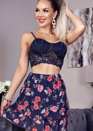 Navy Floral Detailed Mini Skirt by Kat