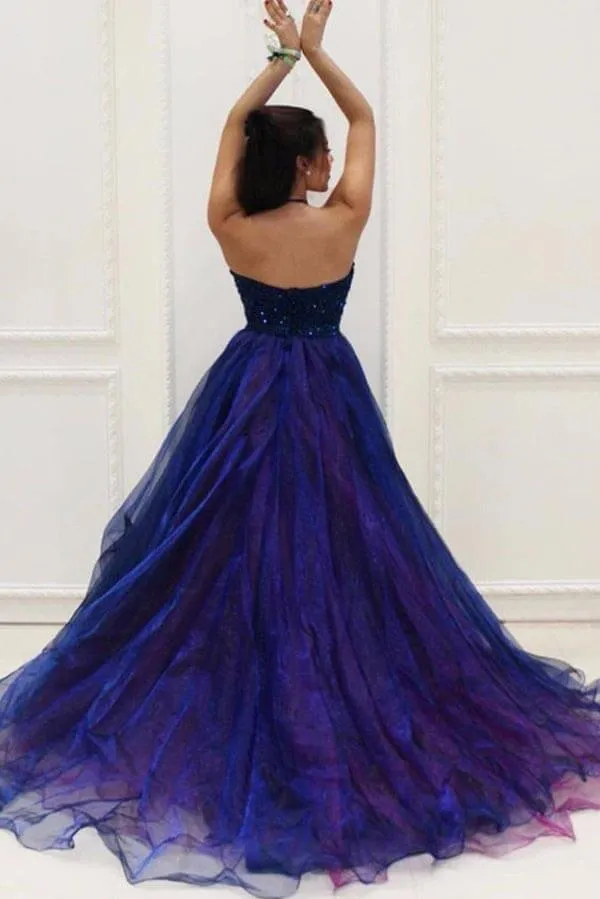 Organza A-line Beaded Bodice Halter High Low Prom Dresses, Evening Gown, SP829