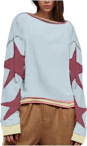 Oversized Sweatshirt for Women Lightweight Long Sleeve Crewneck Hoodies Star Tee Shirts 2024 Fall Pullover Clothes