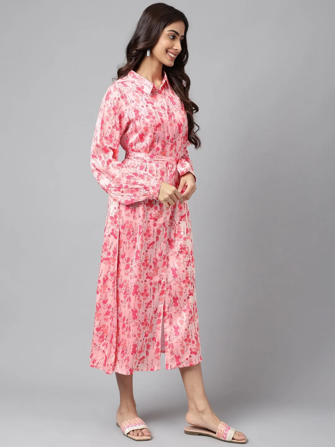 Peach Satin Printed Shirt Dress with Waist Tie-Up Belt