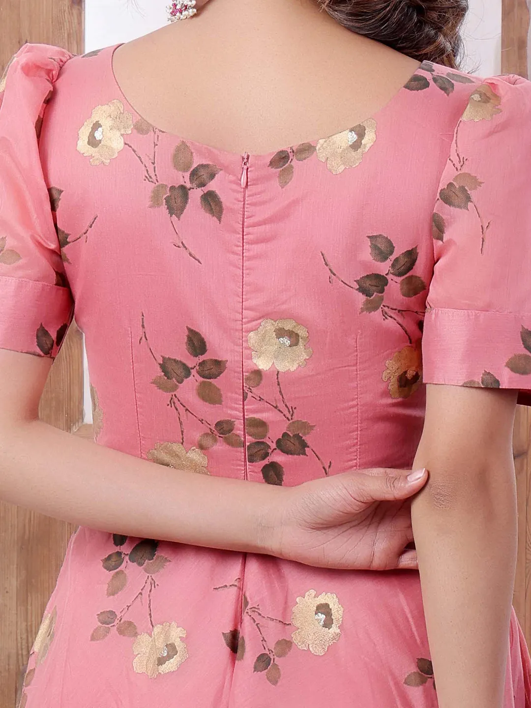 Pink Chanderi Silk V-Neck Maxi Dress
