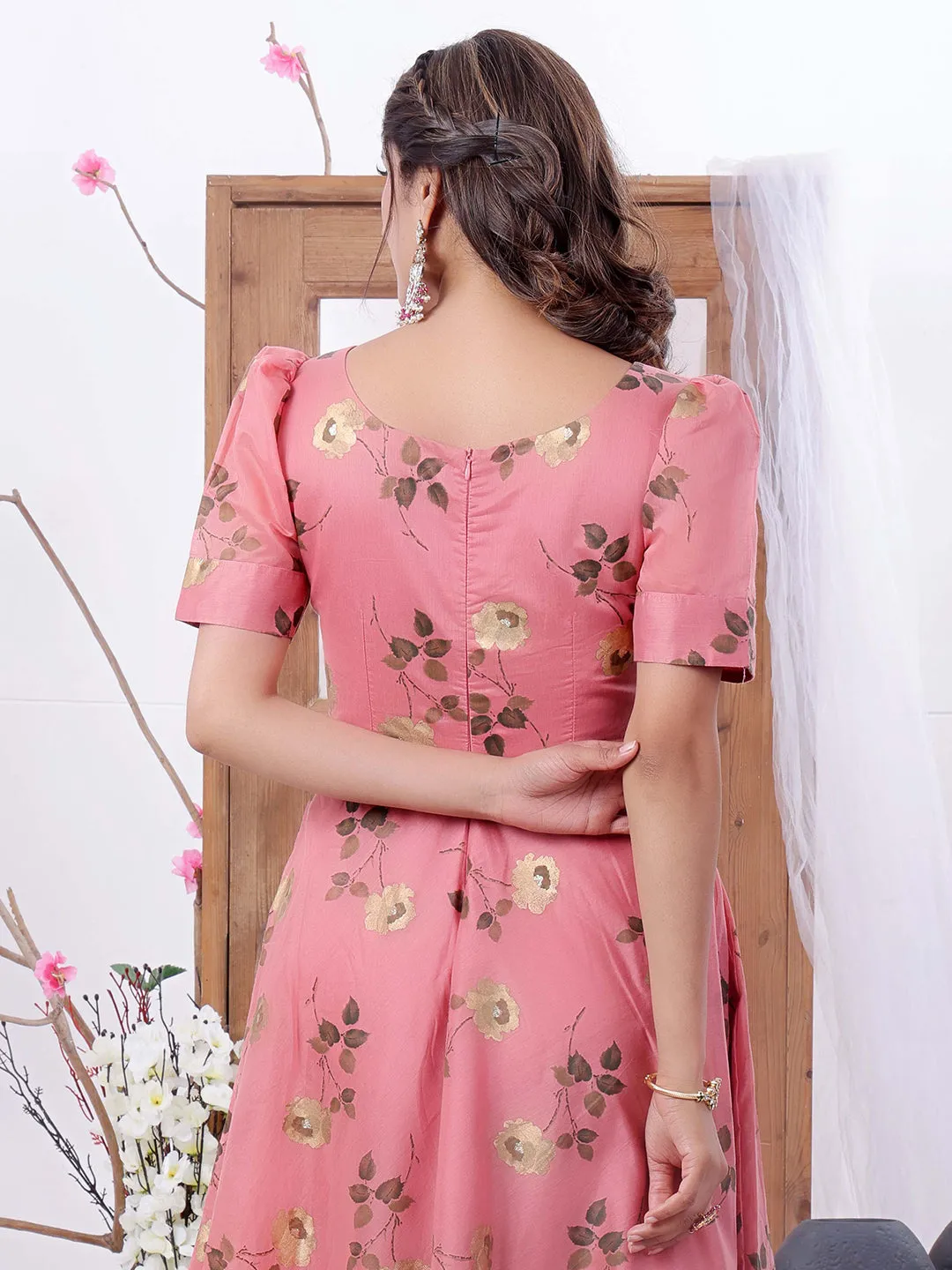 Pink Chanderi Silk V-Neck Maxi Dress