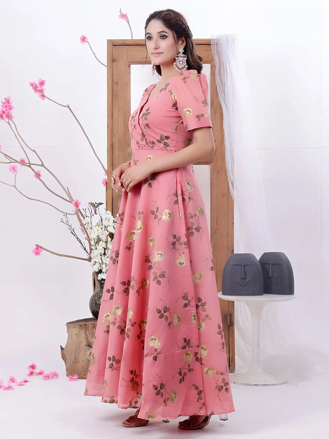 Pink Chanderi Silk V-Neck Maxi Dress