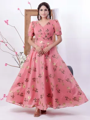Pink Chanderi Silk V-Neck Maxi Dress