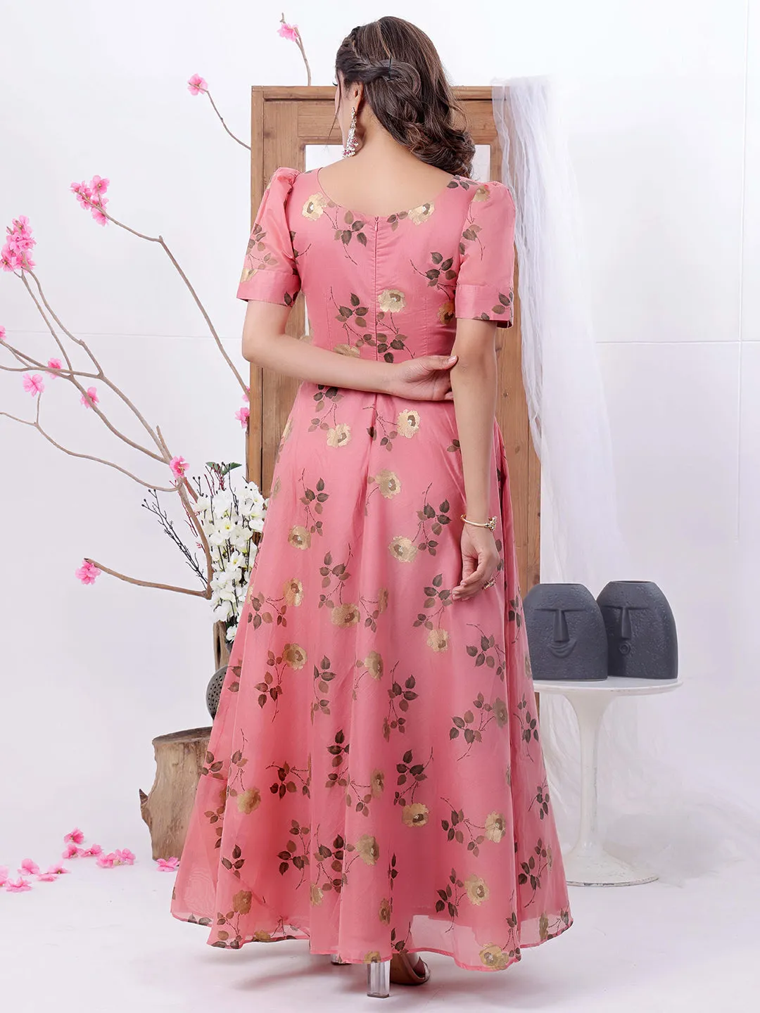 Pink Chanderi Silk V-Neck Maxi Dress