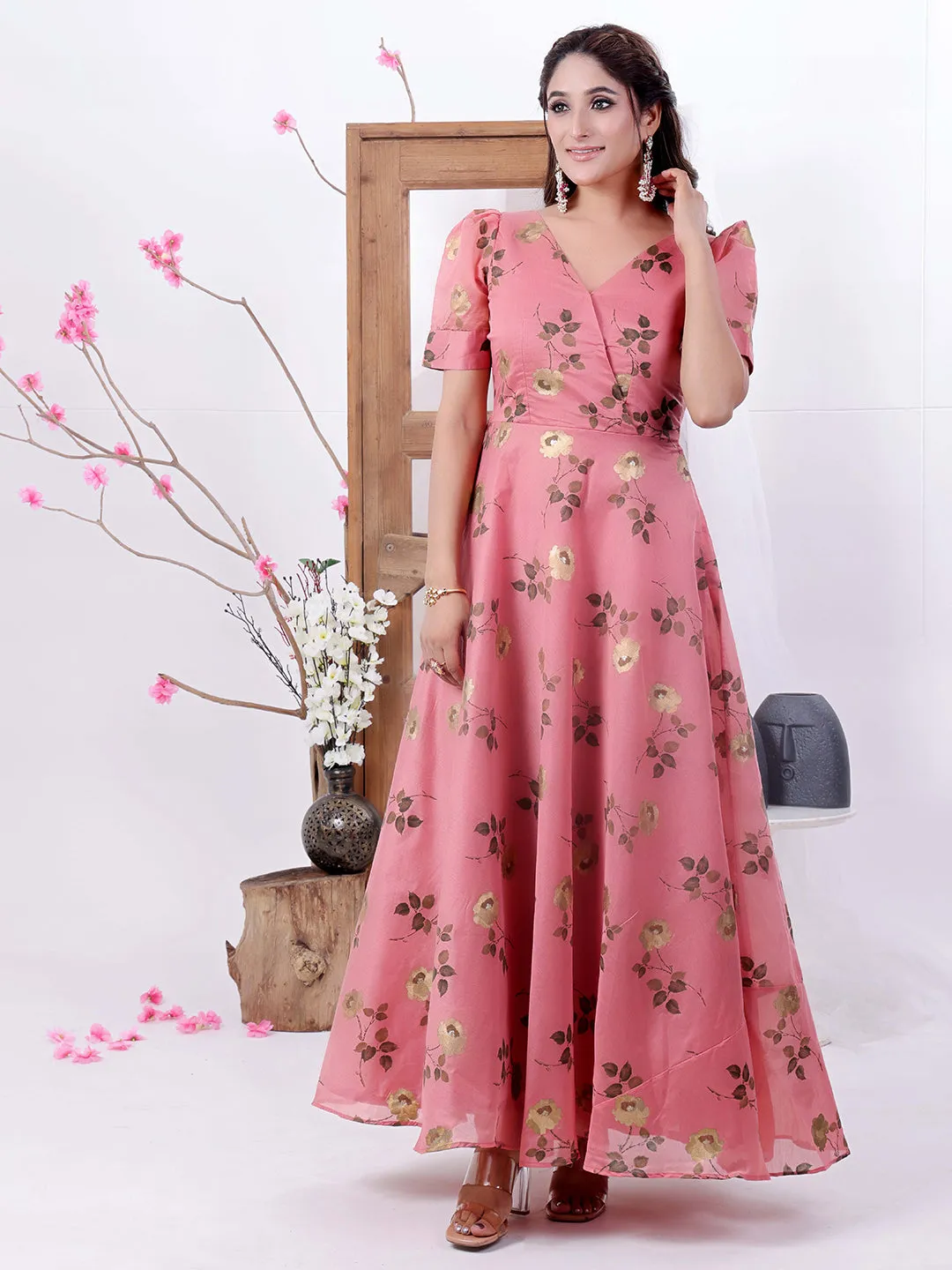 Pink Chanderi Silk V-Neck Maxi Dress