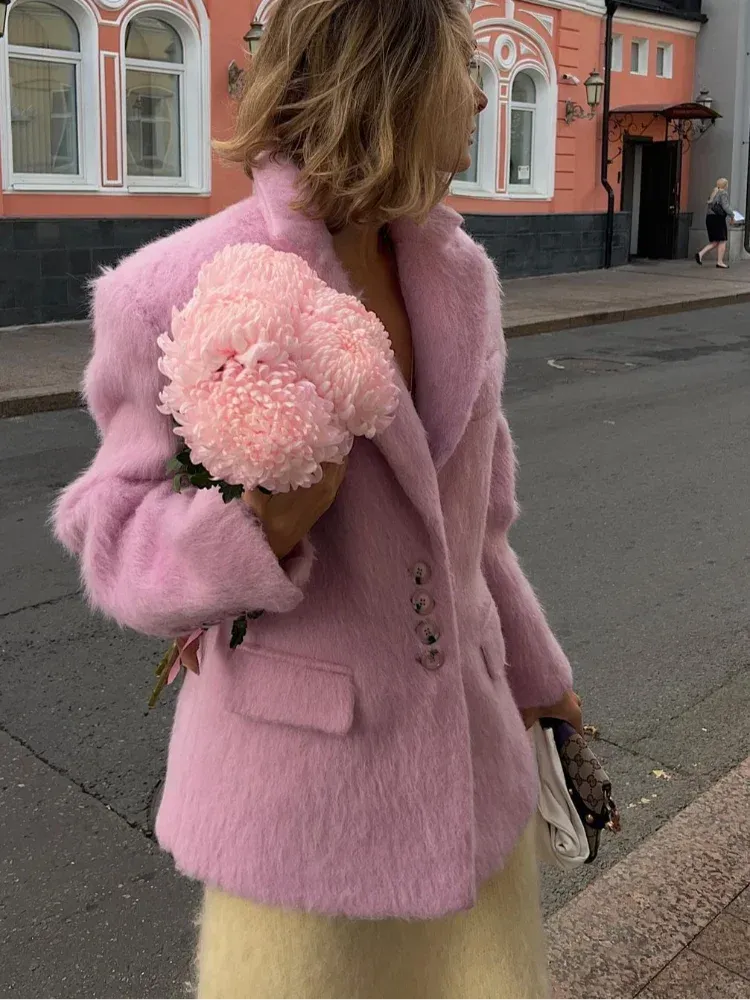 Pink Woolen Lapel Fashion Elegant Long Single High Street Coat