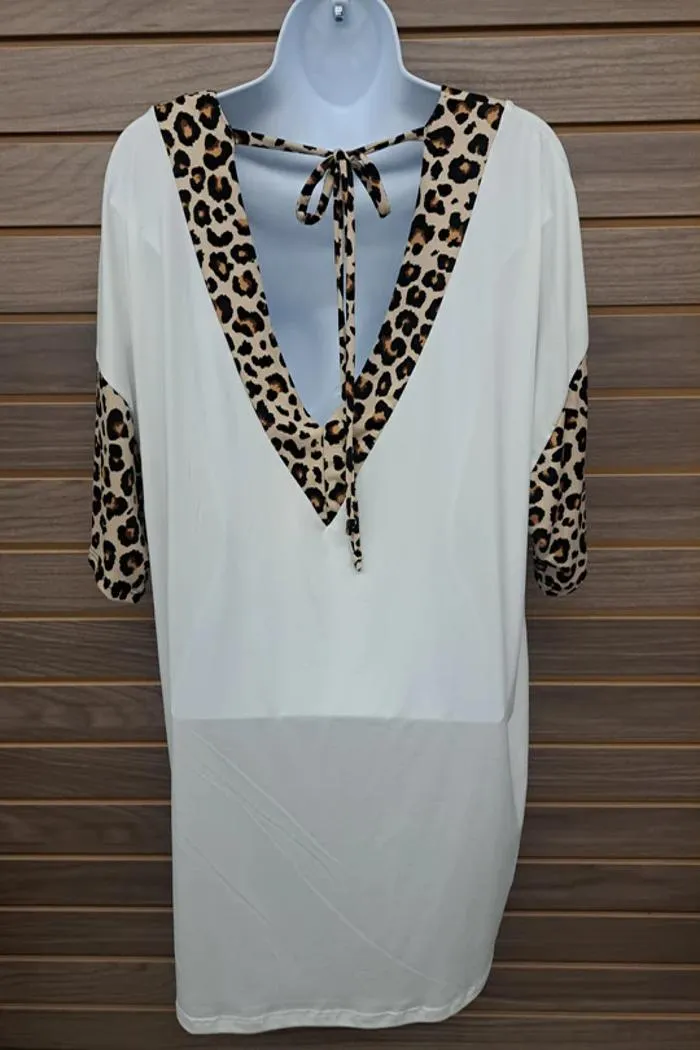 Plus V Neck Tie Back Leopard Trim