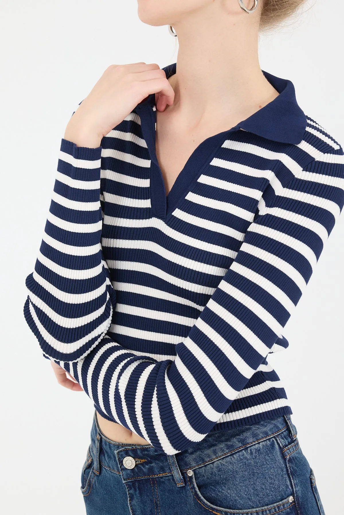 Polo Neck Striped Knit Sweater