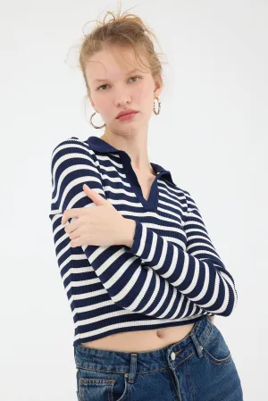 Polo Neck Striped Knit Sweater