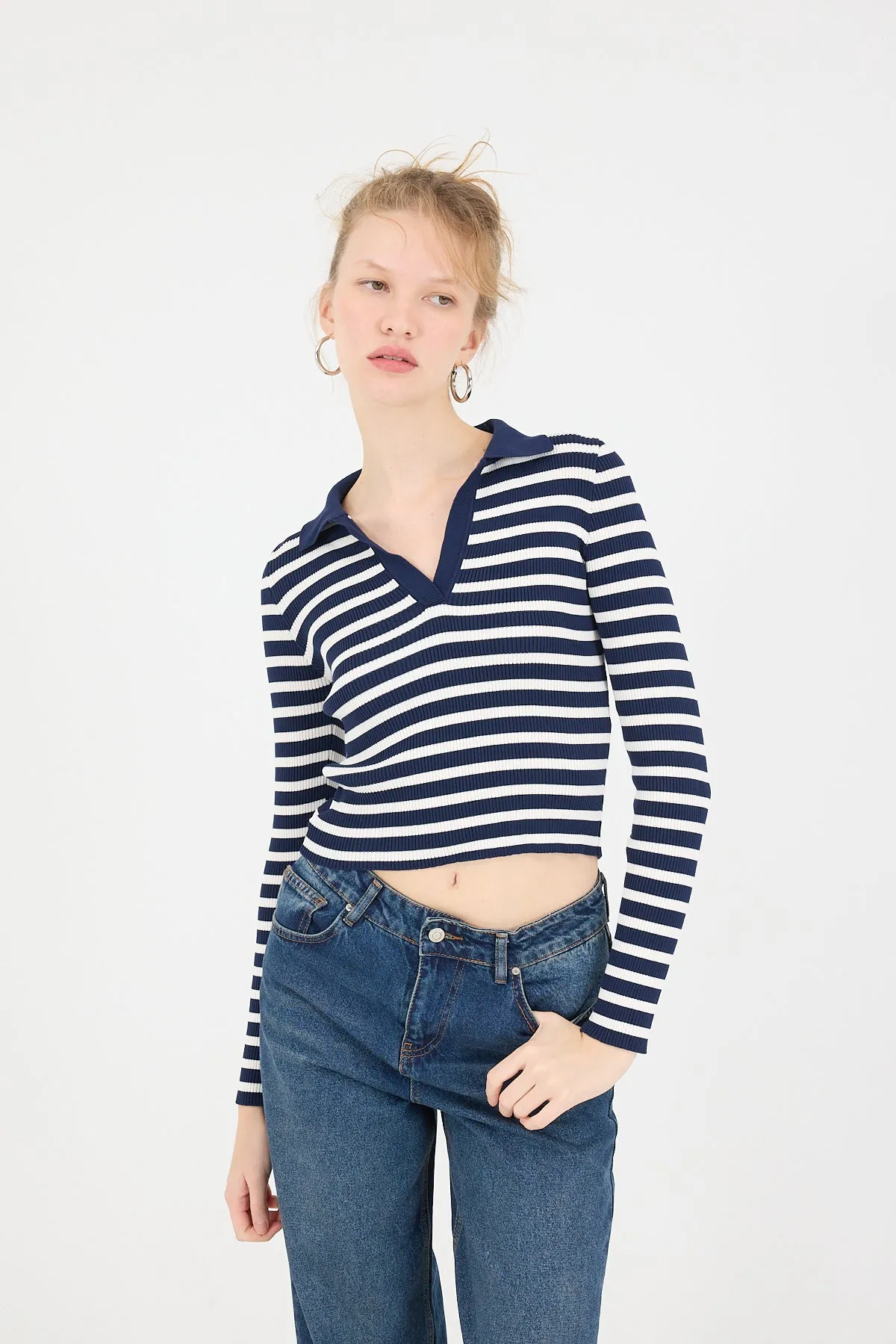 Polo Neck Striped Knit Sweater