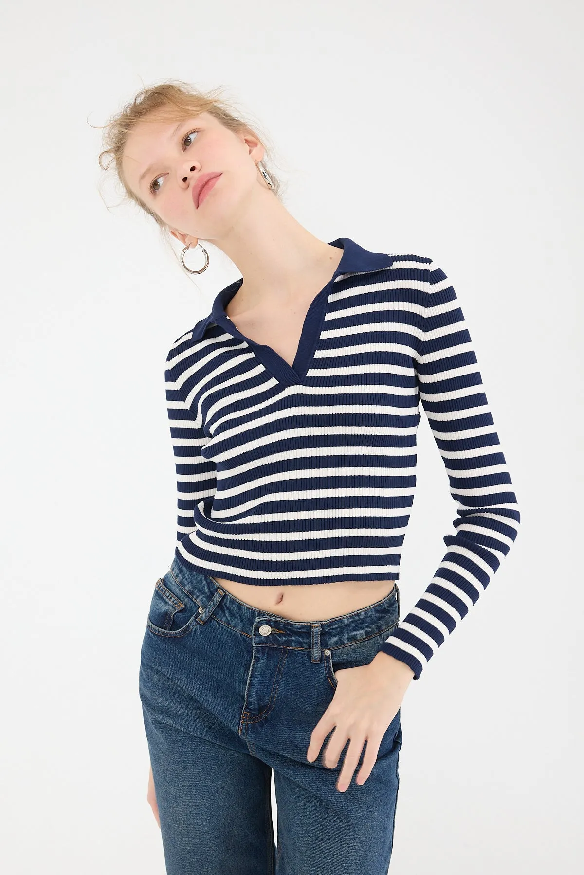 Polo Neck Striped Knit Sweater