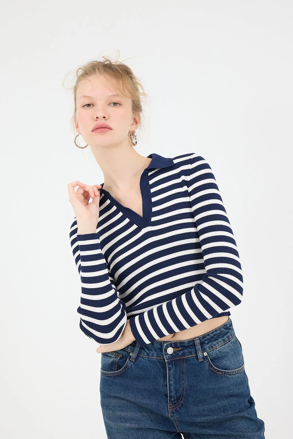 Polo Neck Striped Knit Sweater