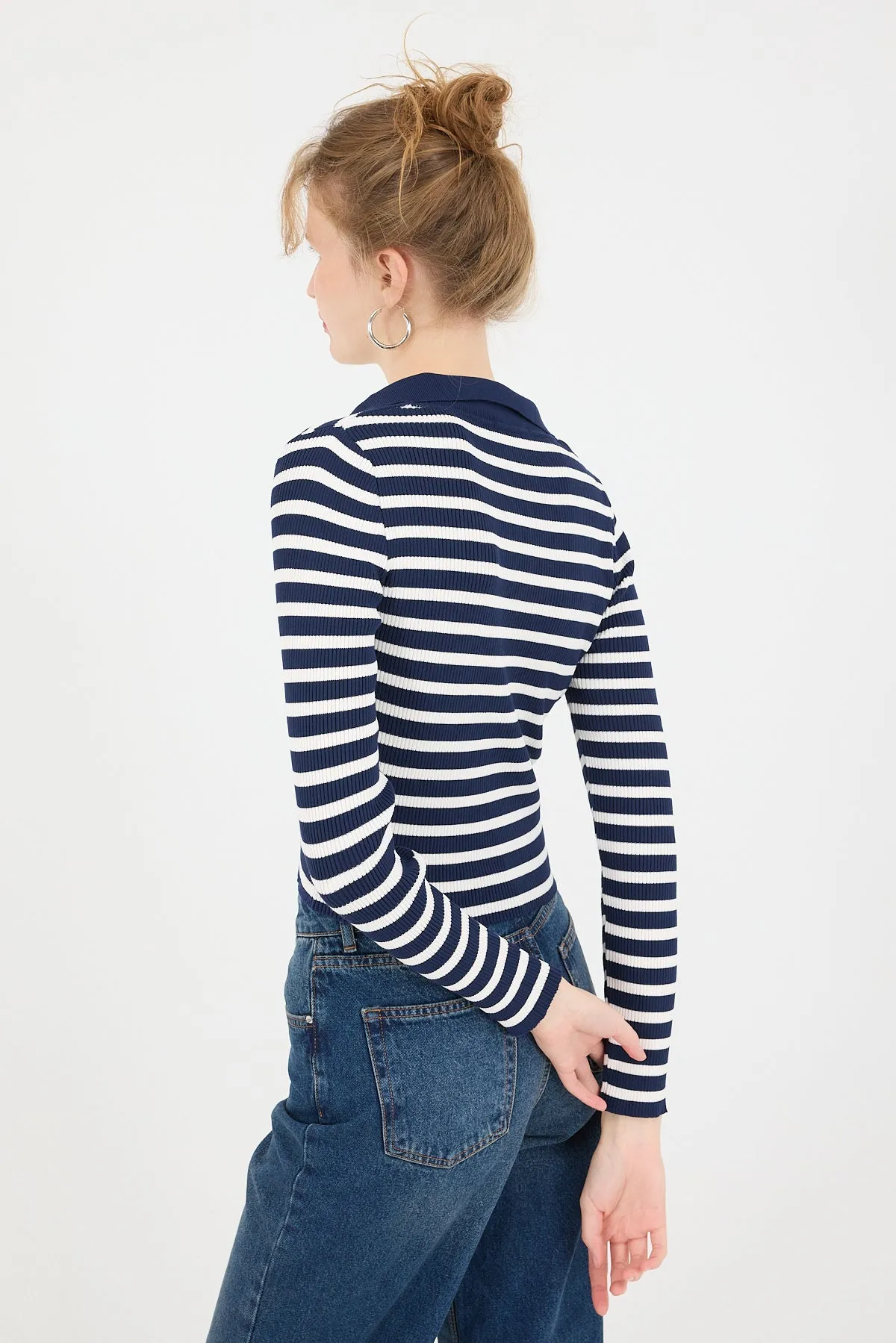Polo Neck Striped Knit Sweater