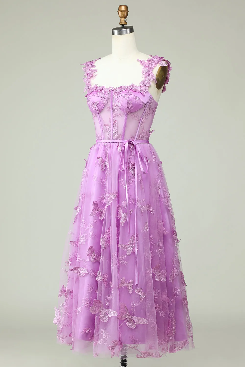 Purple A-Line Prom Dress with Butterfly Appliques