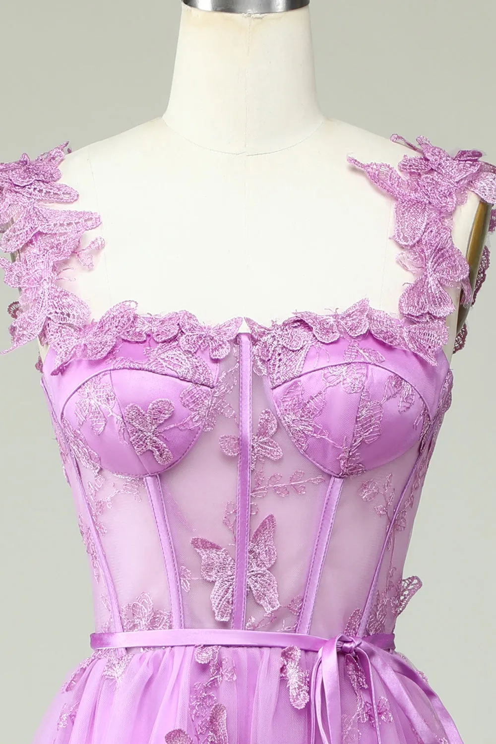 Purple A-Line Prom Dress with Butterfly Appliques