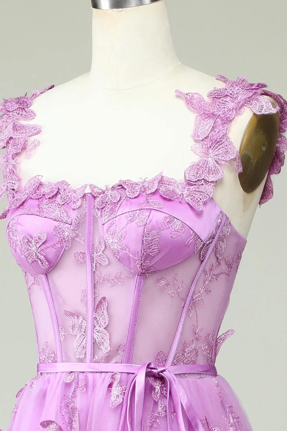 Purple A-Line Prom Dress with Butterfly Appliques