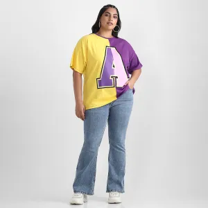 Purple Color Block Plus Size Chest Print Cotton Tee