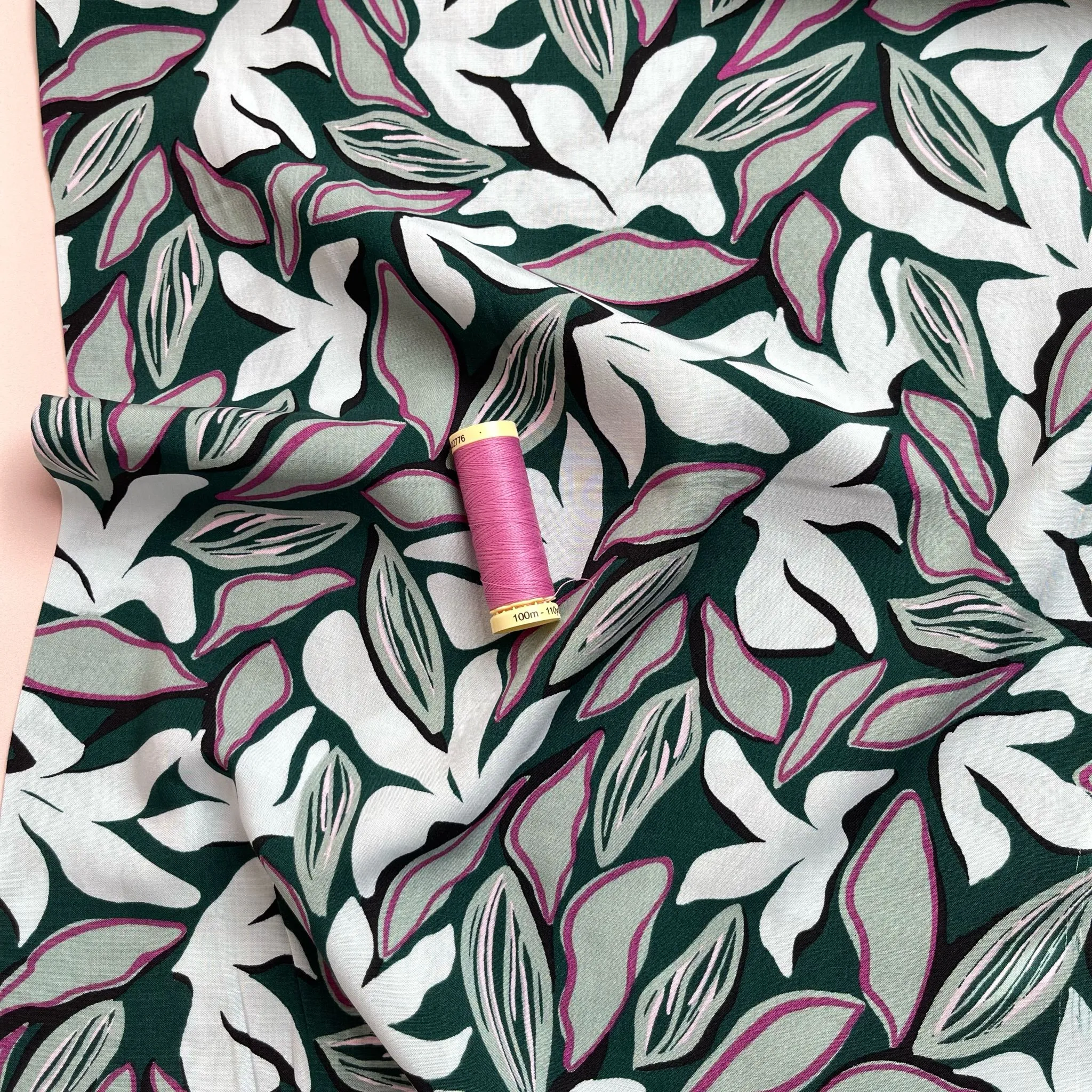 REMNANT 0.70 Metres - Abstract Leaves on Bottle Green Viscose Fabric