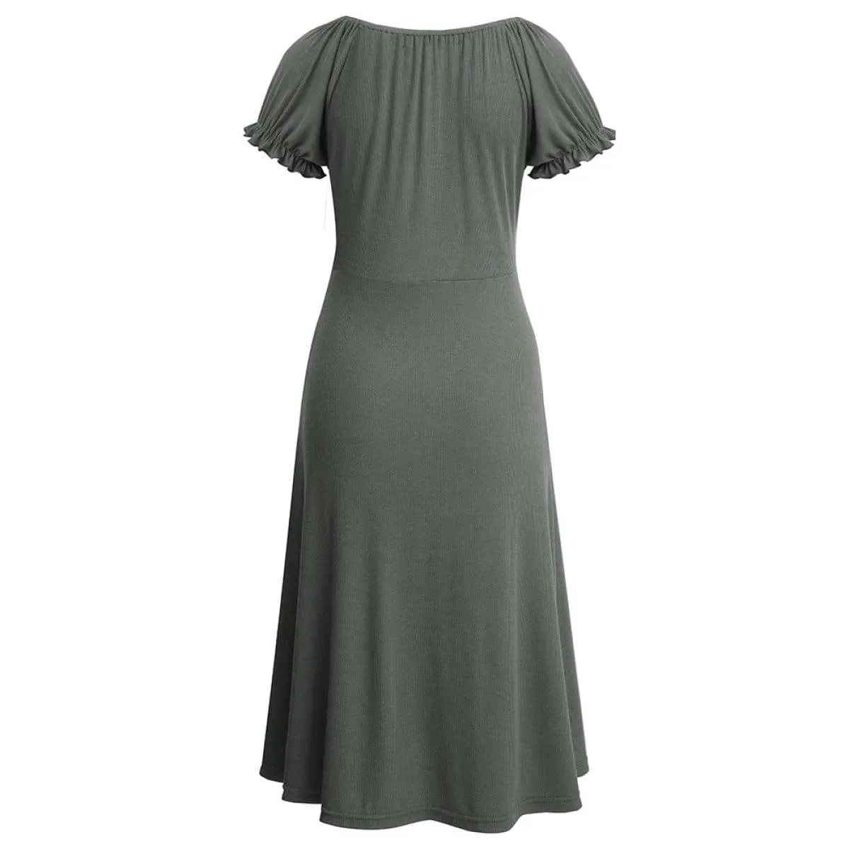 Round Neck Puff Sleeve Tie Front Solid Color Mini Dress