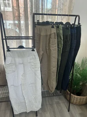 Ruffle Pocket Jersey Waist Linen Trouser