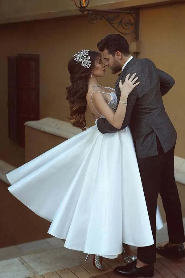 Satin A-line Spaghetti Straps Appliqued Short Princess Wedding Dresses, SW455