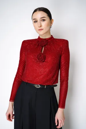 Self-Portrait Rhinestone Fishnet Top in Red