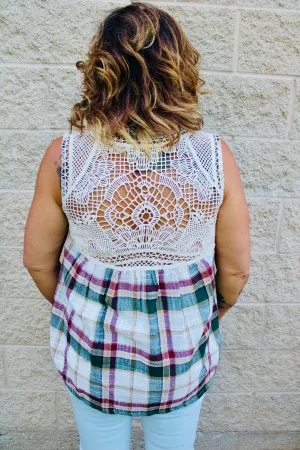 Shake it Off Crochet Back Plaid Top