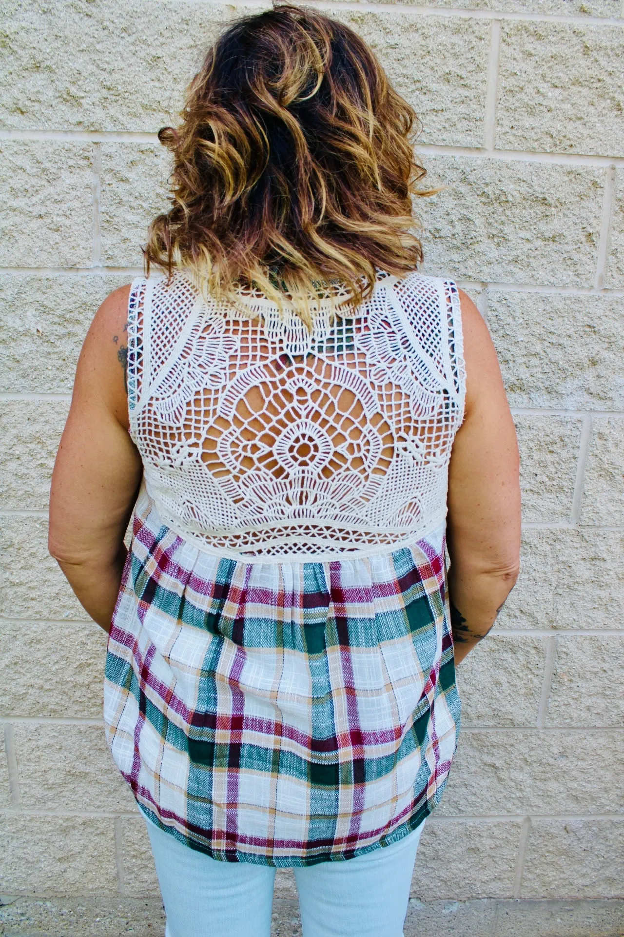 Shake it Off Crochet Back Plaid Top
