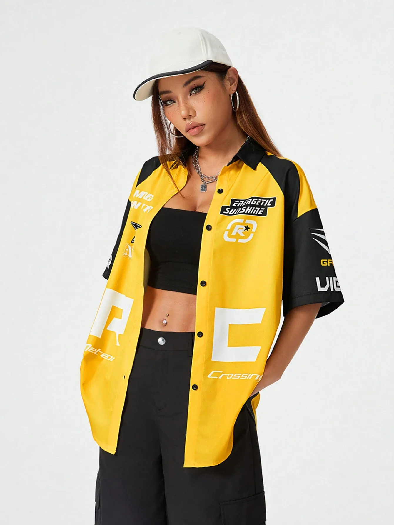 SHEIN Coolane White Checkerboard Color Block Loose Oversized Street-Style Blouse