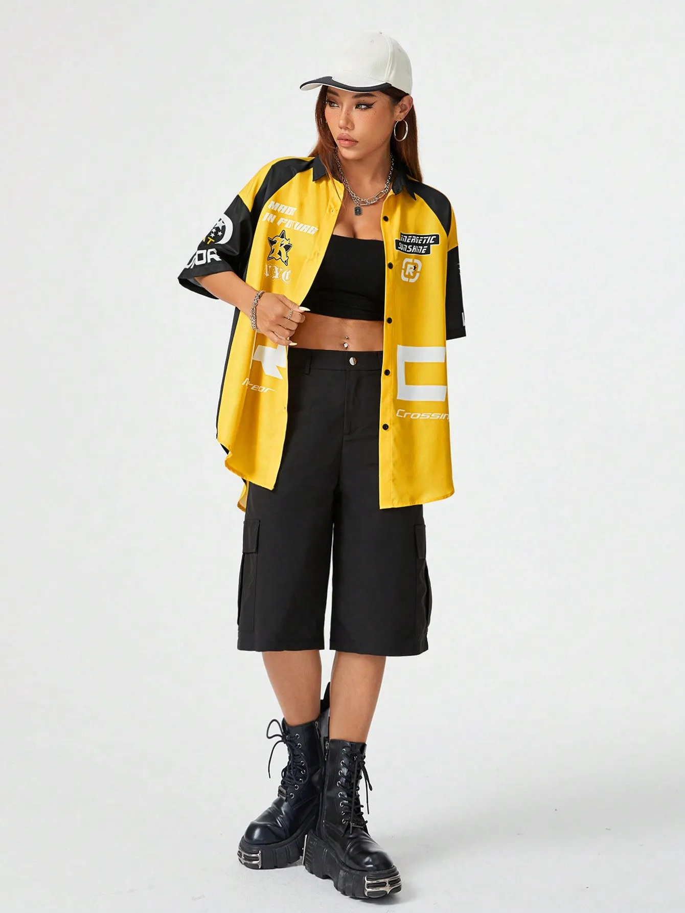 SHEIN Coolane White Checkerboard Color Block Loose Oversized Street-Style Blouse