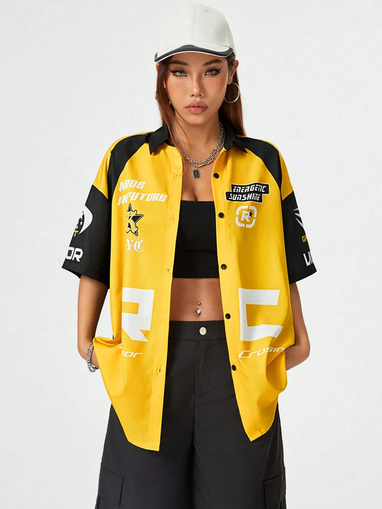 SHEIN Coolane White Checkerboard Color Block Loose Oversized Street-Style Blouse