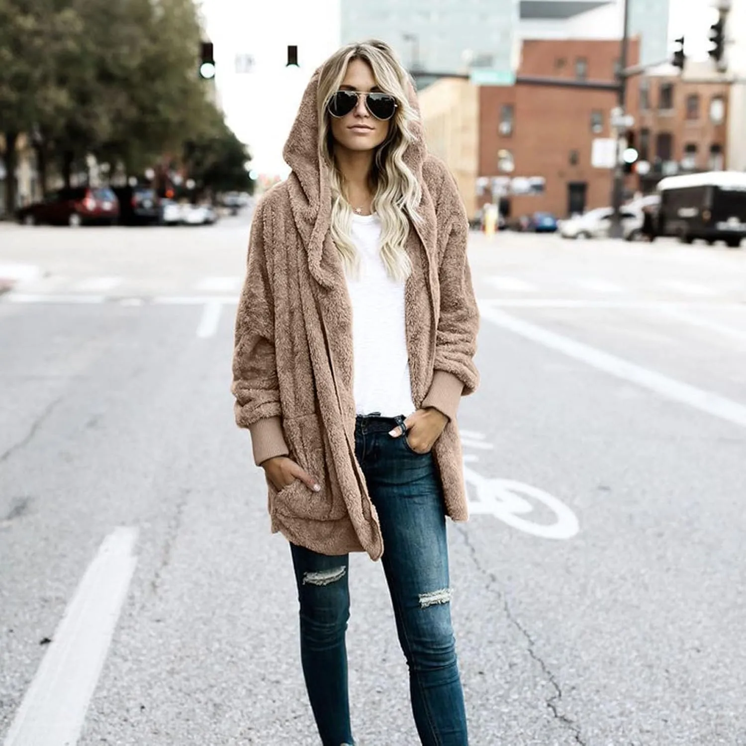 Sherpa Fleece Jacket Women Fuzzy Oversized Open Front Hooded Cardigan Soft Fluffy Sweaters Winter Coats with Pockets