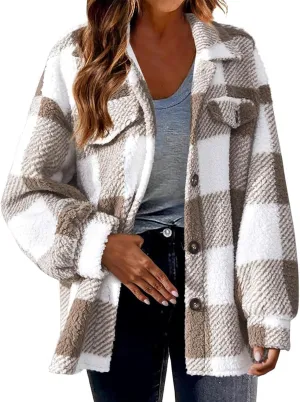 Sherpa Jacket for Women Fuzzy Fleece Winter Coats Plaid Button Down Shacket Casual Warm Teddy Coat Outwear