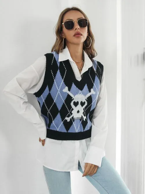 Skull Knitted Sleeveless Argyle Sweater Vest