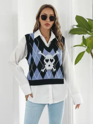 Skull Knitted Sleeveless Argyle Sweater Vest
