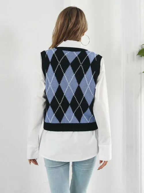 Skull Knitted Sleeveless Argyle Sweater Vest