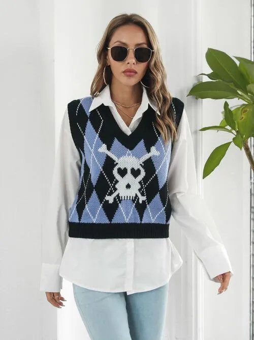 Skull Knitted Sleeveless Argyle Sweater Vest