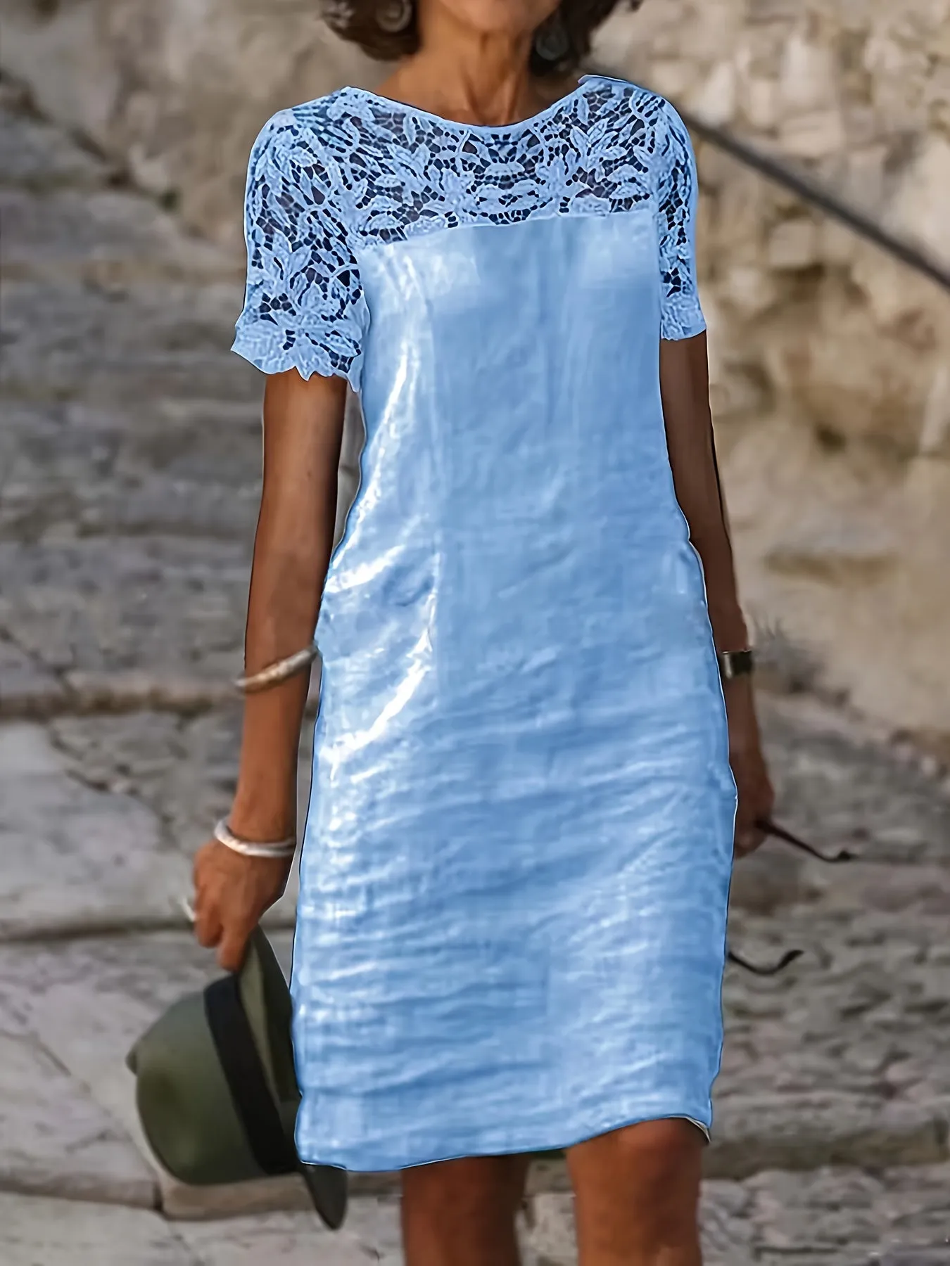 Solid Lace Splicing Dress, Elegant Short Sleeve, Perfect for Spring & Fall.