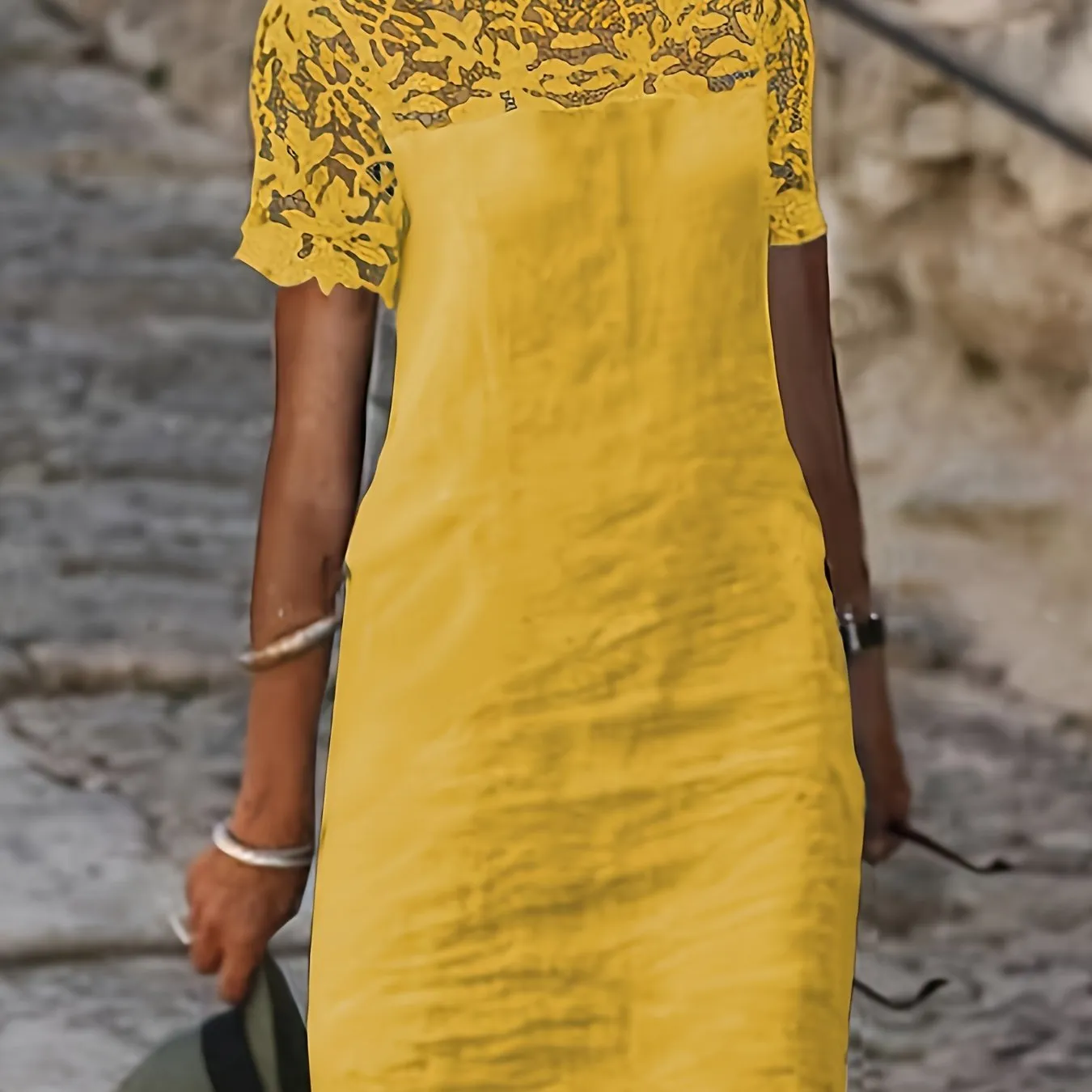 Solid Lace Splicing Dress, Elegant Short Sleeve, Perfect for Spring & Fall.
