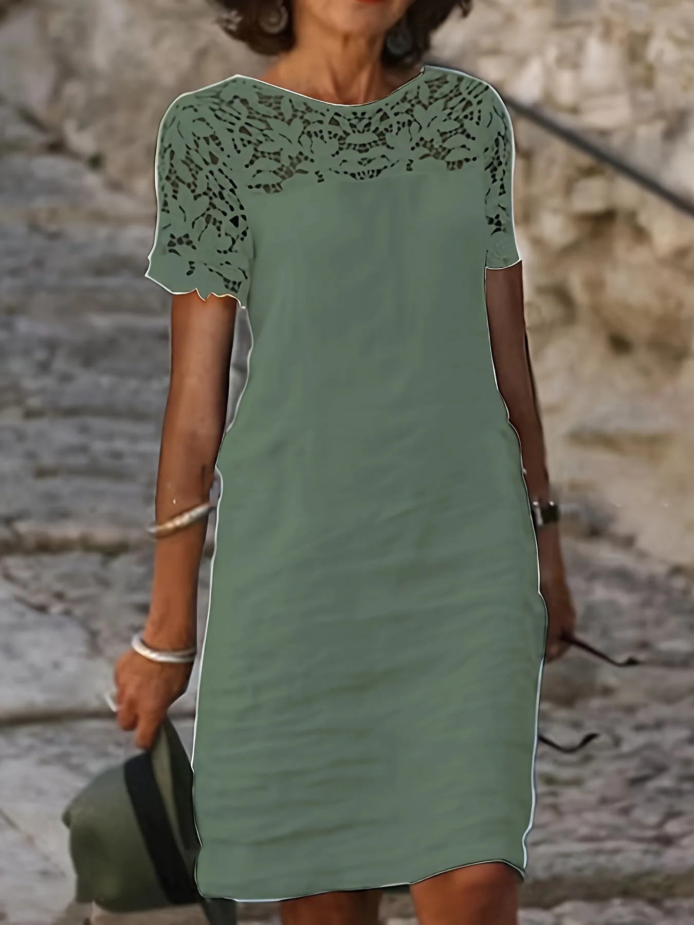 Solid Lace Splicing Dress, Elegant Short Sleeve, Perfect for Spring & Fall.