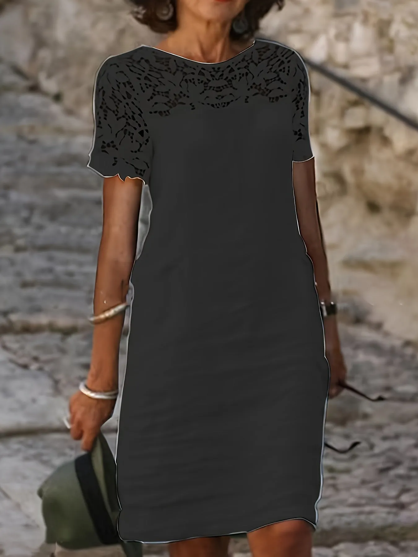 Solid Lace Splicing Dress, Elegant Short Sleeve, Perfect for Spring & Fall.