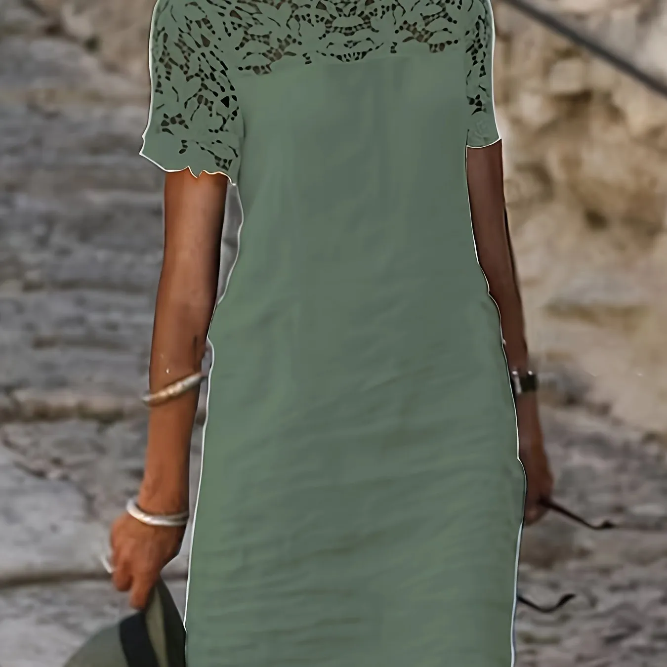 Solid Lace Splicing Dress, Elegant Short Sleeve, Perfect for Spring & Fall.