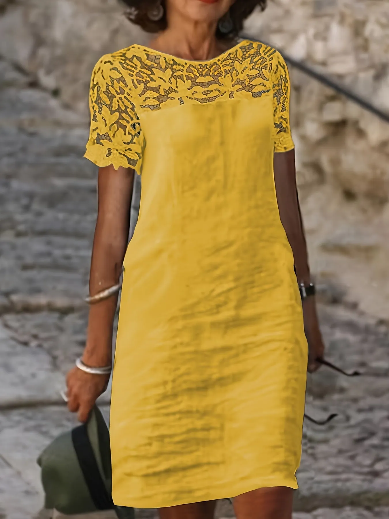 Solid Lace Splicing Dress, Elegant Short Sleeve, Perfect for Spring & Fall.