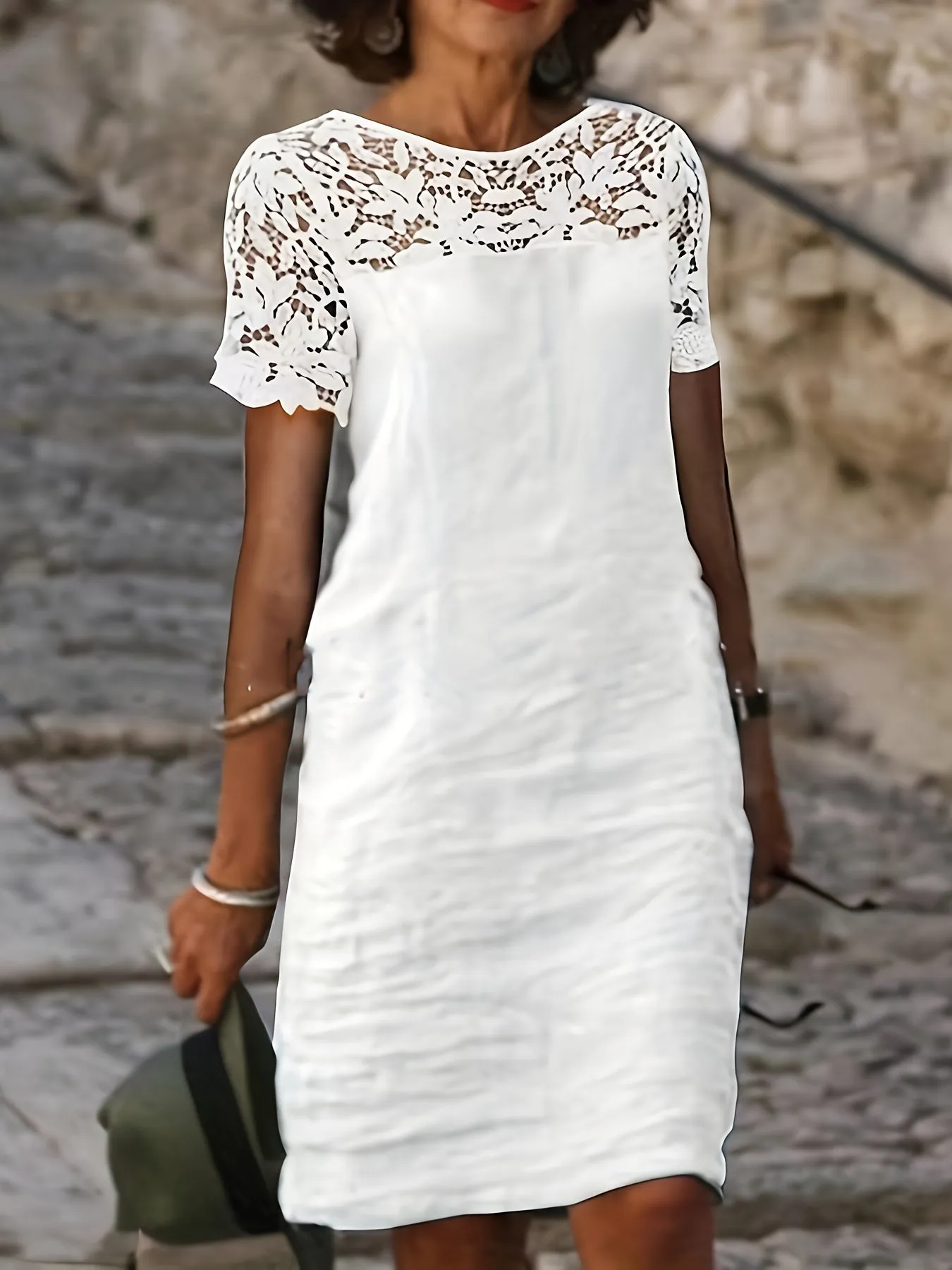 Solid Lace Splicing Dress, Elegant Short Sleeve, Perfect for Spring & Fall.