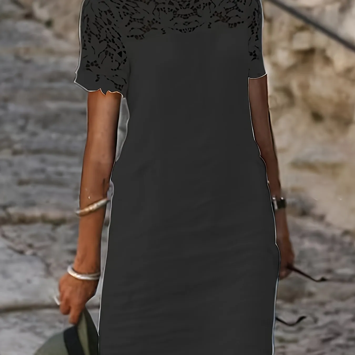 Solid Lace Splicing Dress, Elegant Short Sleeve, Perfect for Spring & Fall.