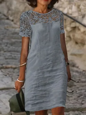 Solid Lace Splicing Dress, Elegant Short Sleeve, Perfect for Spring & Fall.
