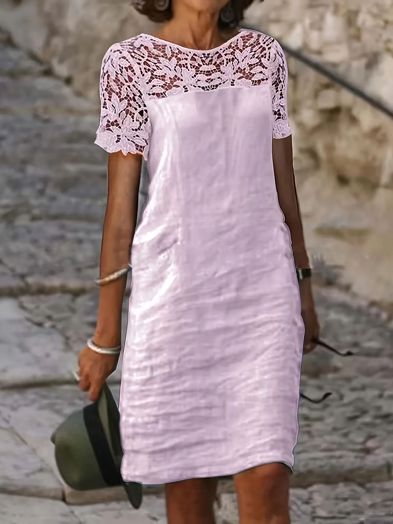 Solid Lace Splicing Dress, Elegant Short Sleeve, Perfect for Spring & Fall.