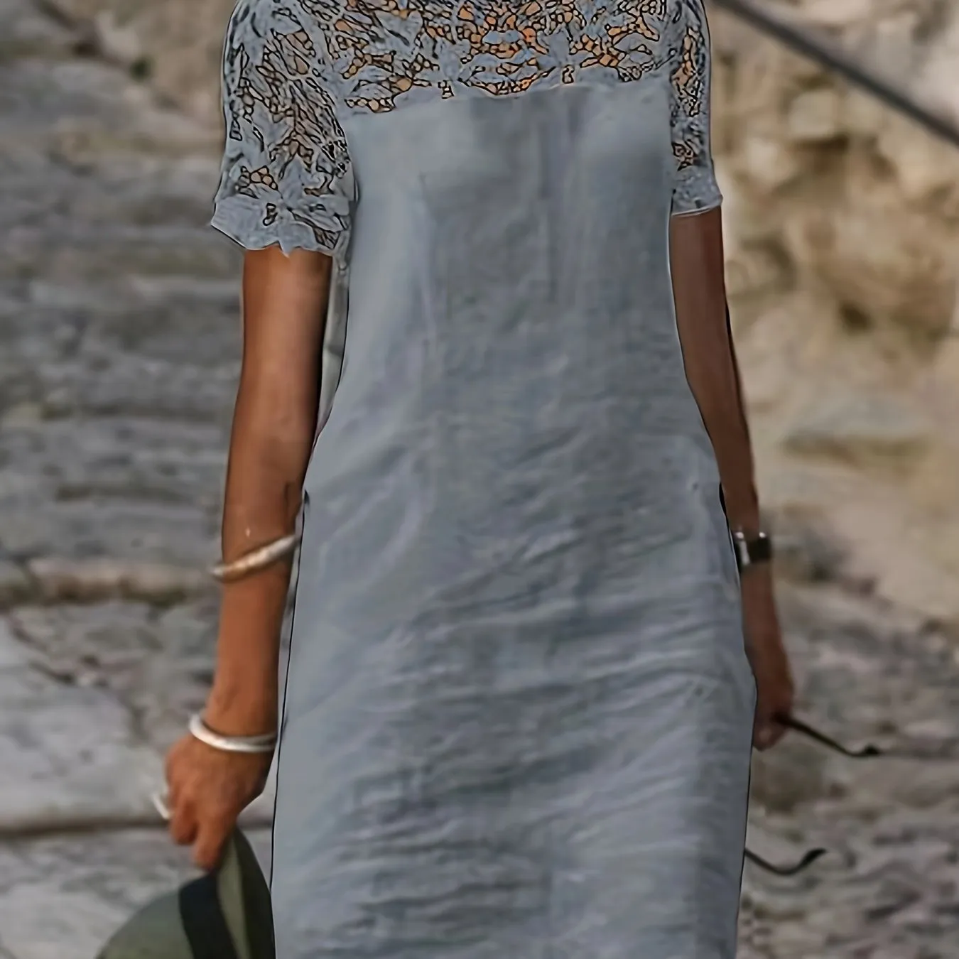 Solid Lace Splicing Dress, Elegant Short Sleeve, Perfect for Spring & Fall.