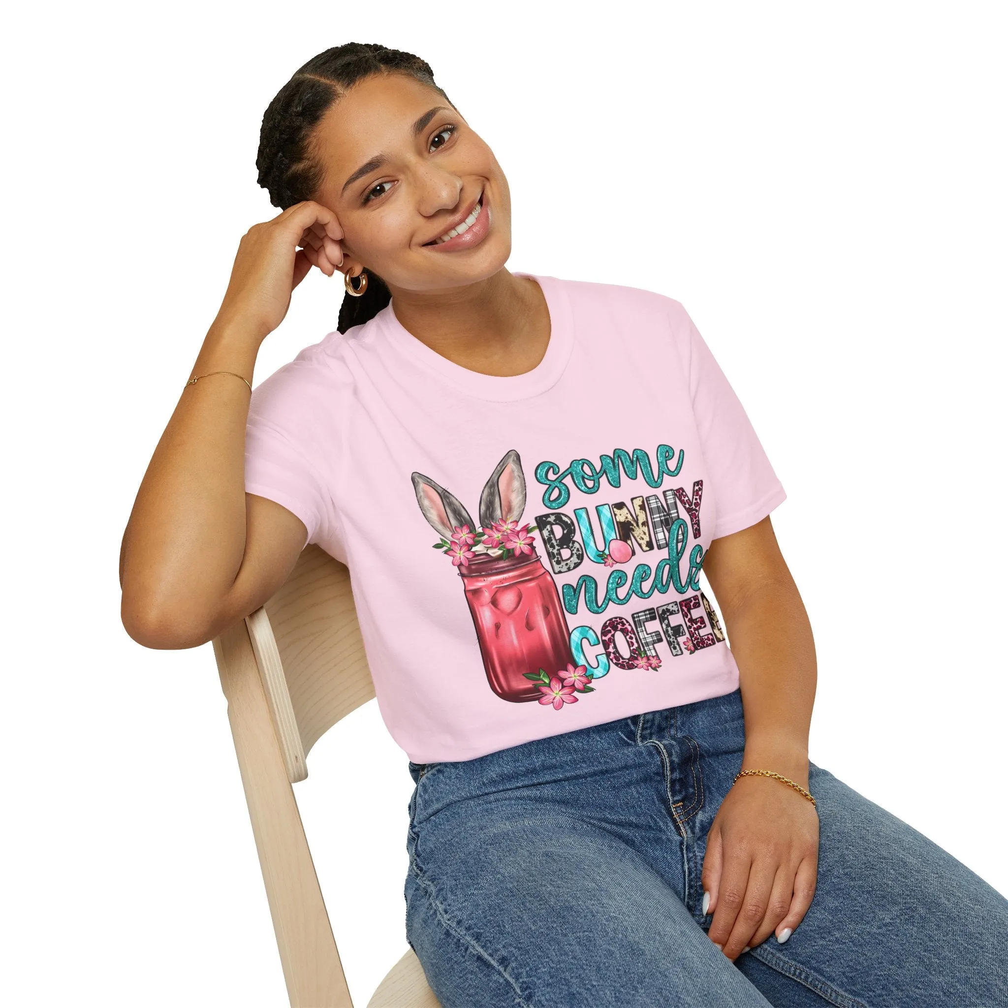 Some Bunny Needs Coffee Unisex Softstyle T-Shirt - Cute Spring Design for Coffee Lovers